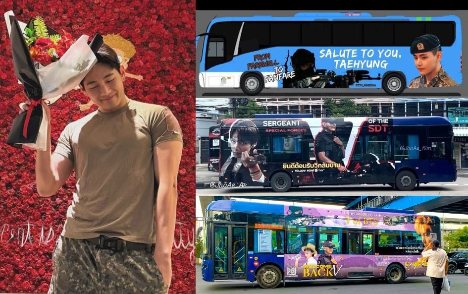 Wrapped buses and trucks hit the streets in anticipation of BTS V's (Kim Taehyung) military discharge