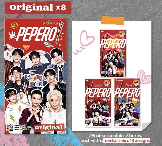 Pepero box design showing all 8 members