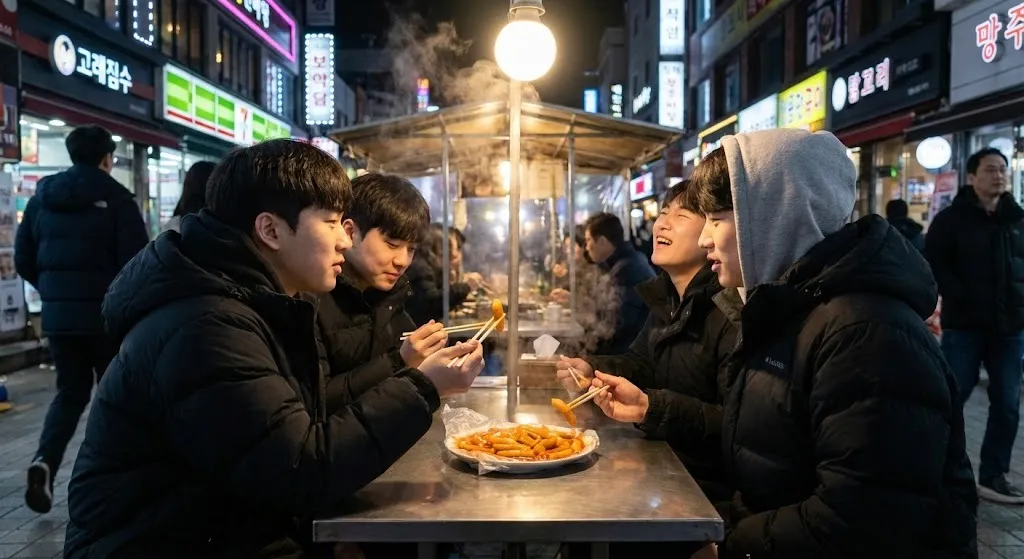 How Tteokbokki Comfort Food Became a Symbol of K-Pop Training Life 4 K-pop trainees sharing tteokbokki together at a Seoul street stall