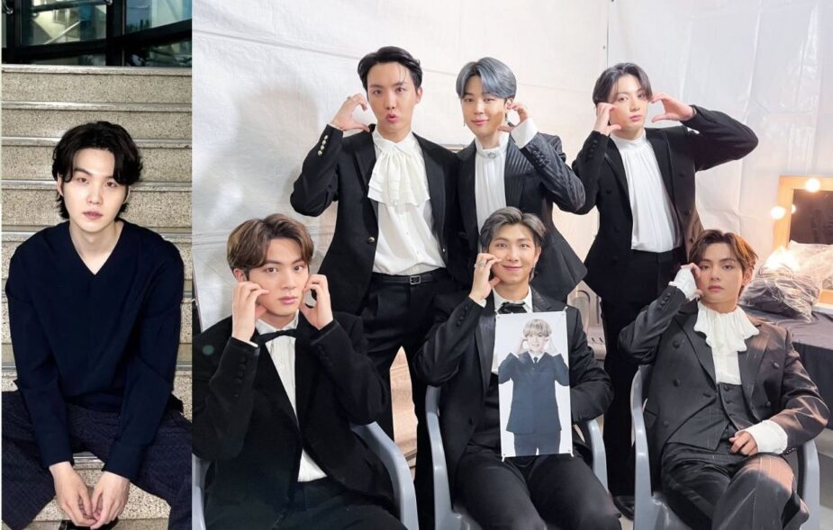 BTS Fan’s Funny Mistake About Yoongi Sparks Viral Reaction 3 Six of BTS’s members carrying a photo of Suga