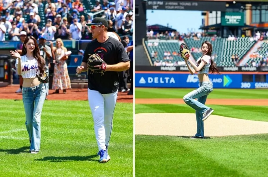IVE's Jang Wonyoung throws ceremonial first pitch at New York Mets game 2 met2