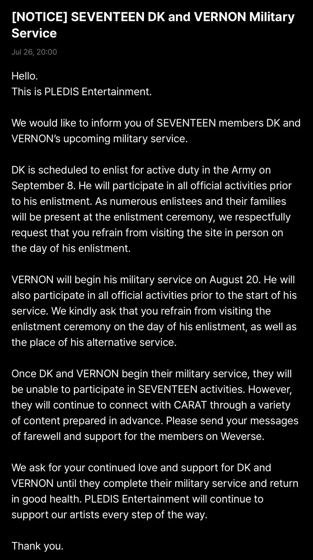 SEVENTEEN's Vernon to start alternative service Aug. 20; DK enlists as active-duty Sept. 8 3 Screenshot
