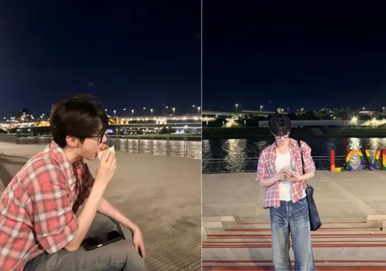 Sung Han Bin enjoying a snack at a waterfront park