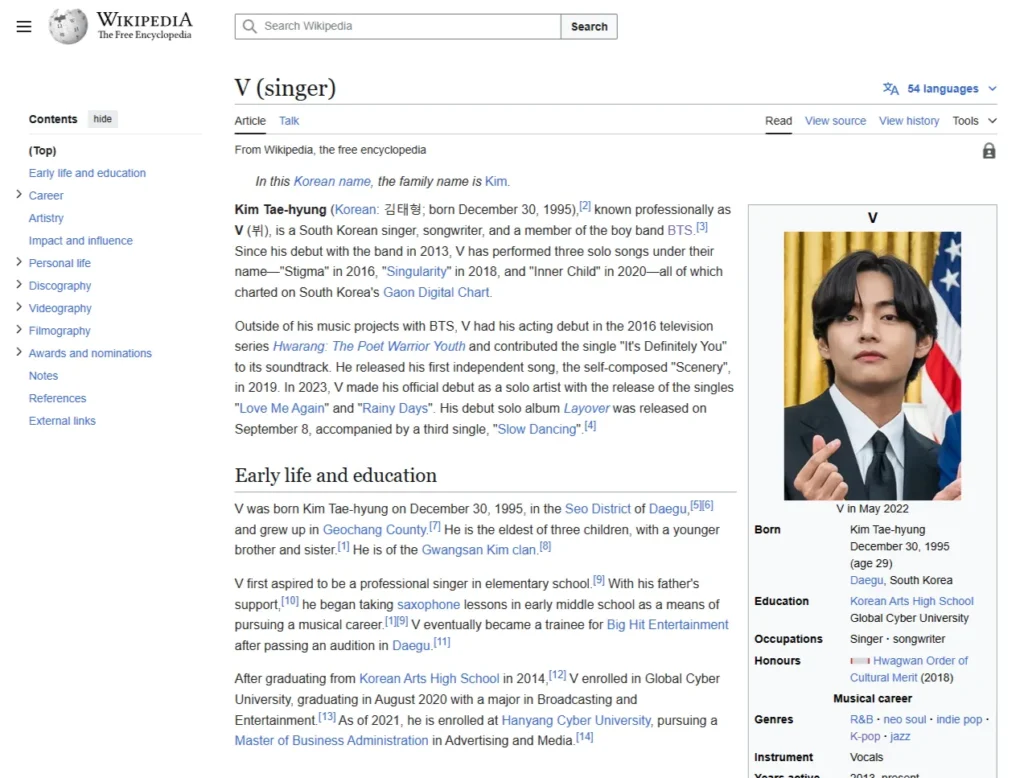 Kim Taehyung on Wikipedia