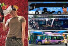 Wrapped buses and trucks hit the streets in anticipation of BTS V's (Kim Taehyung) military discharge